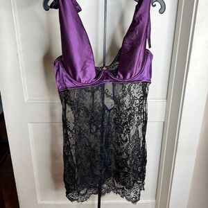 Dreamgirl Purple Satin Black Lace Slip Teddy + Panty Set Plus Size 1X New